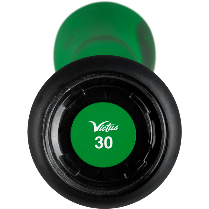 Close-up of the 2025 Victus Vibe Crayon (-10) USA Baseball Bat knob, showing a green cap with a white Victus logo and number 30. The matching green handle above features a vibration-reducing knob for better comfort.