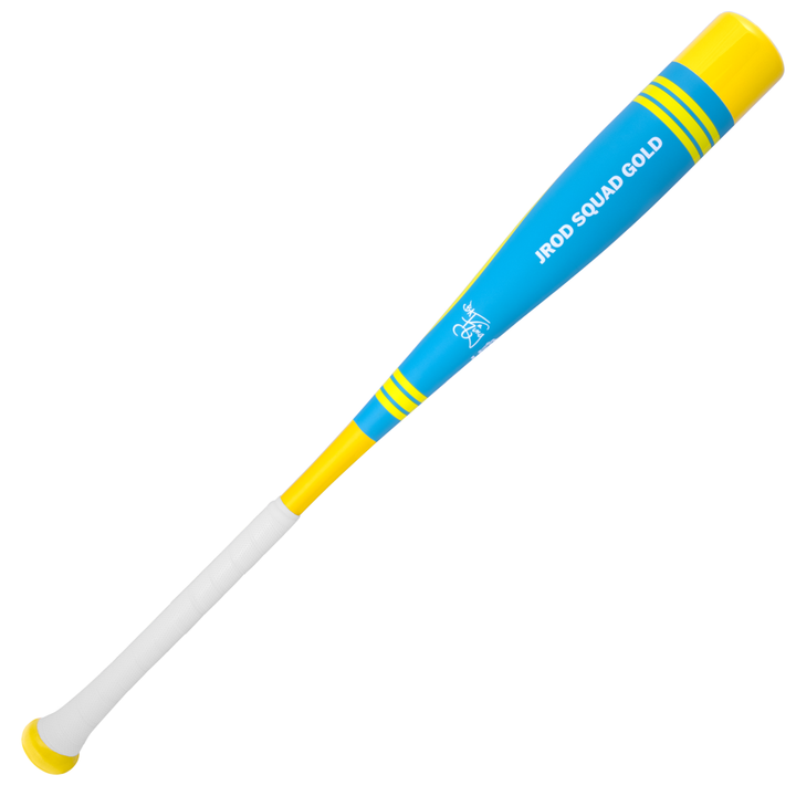 The 2025 Victus Vibe Pro-Crayon Julio Rodriguez (-10) USA Baseball Bat by Victus features a vibrant blue barrel with "JROD SQUAD GOLD" in white, yellow stripes, a yellow handle, white grip, and a vibration reducing knob for comfort.
