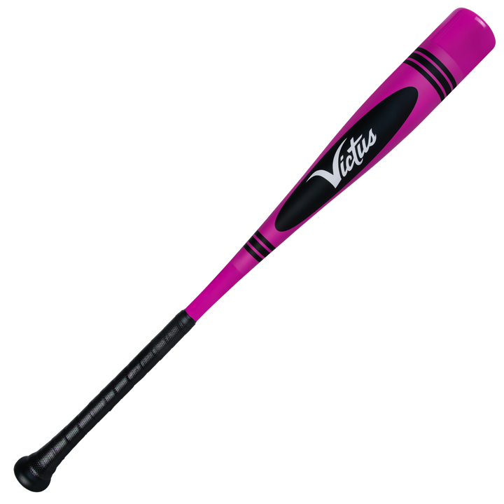 The 2025 Victus Vibe Crayon (-10) USA Baseball Bat features a pink and black one-piece aluminum design with Victus branding, vibration-reducing knob, black grip tape, and two black stripes near the barrel end.