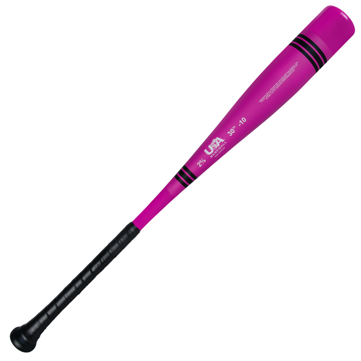 The 2025 Victus Vibe Crayon (-10) USA Baseball Bat by Victus features a pink design with black stripes, a black grip handle, white specs text on the side, and a vibration-reducing knob. It's a one-piece aluminum bat set against a plain white background.