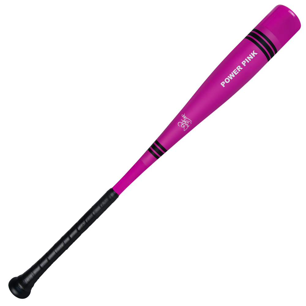 The 2025 Victus Vibe Crayon (-10) 2 5/8" USA Baseball Bat (VSBVIB10CU) by Victus features a bright pink one-piece aluminum design, black grip tape, black barrel rings, a vibration-reducing knob, and “POWER PINK” on the side.