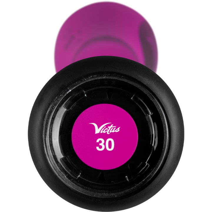 Close-up of the 2025 Victus Vibe Crayon (-10) USA Baseball Bat knob, showing a purple end cap with "Victus" and "30" printed on it to indicate the bat’s size.