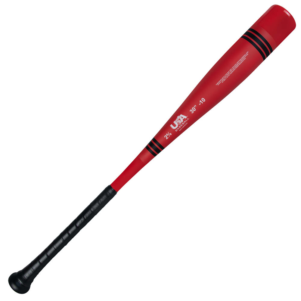 The 2025 Victus Vibe Crayon (-10) 2 5/8" USA Baseball Bat (VSBVIB10CU) is a red, one-piece aluminum bat with black stripes near the barrel, a black grip, white spec text, and a vibration-reducing knob. Plain white background.