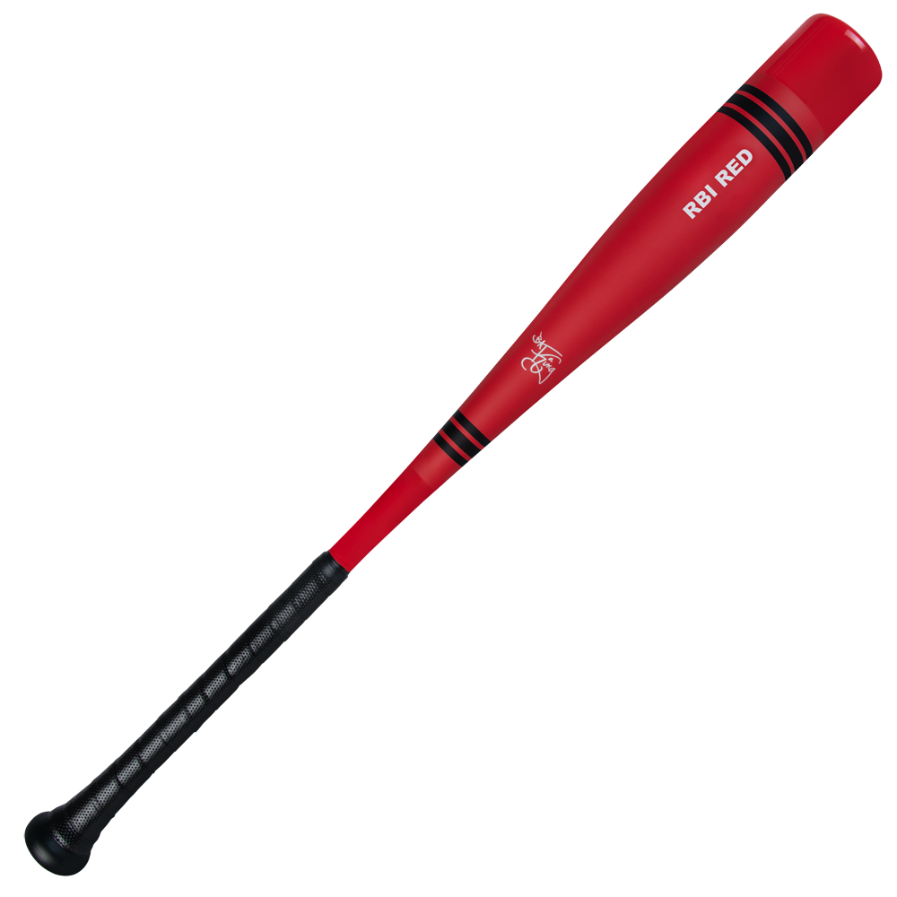 The Victus 2025 Vibe Crayon (-10) USA Baseball Bat (VSBVIB10CU) is a red and black one-piece aluminum bat with a vibration-reducing knob, offering power and comfort for players.