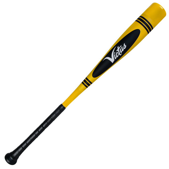 The 2025 Victus Vibe Crayon (-10) USA Baseball Bat features a yellow and black one-piece aluminum design with the Victus brand on the barrel, a black textured grip, vibration-reducing knob, and two bold black stripes near the end.