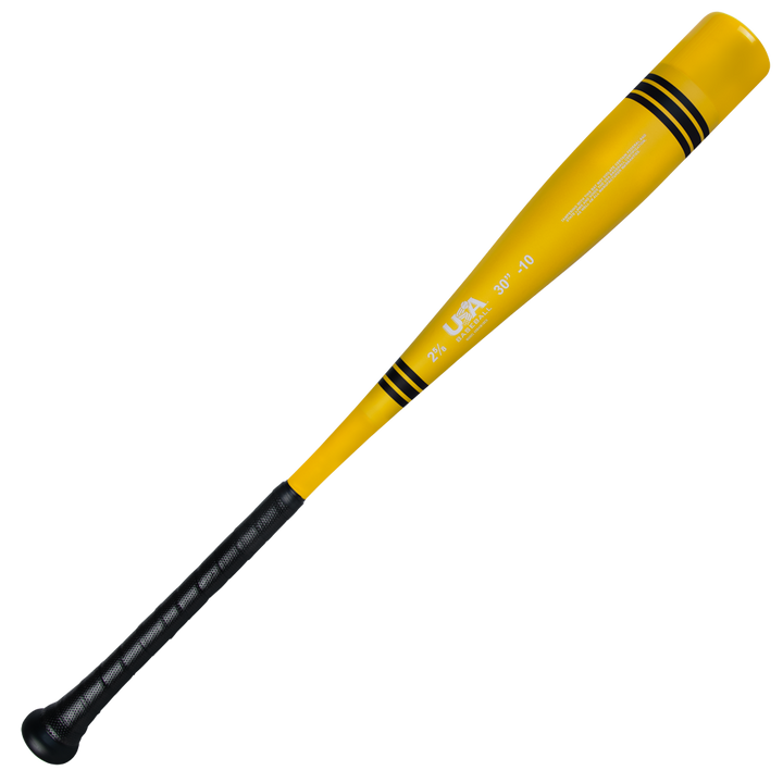 The 2025 Victus Vibe Crayon (-10) USA Baseball Bat by Victus features a yellow one-piece aluminum design with black stripes near the barrel, a black handle grip, and vibration reducing knob, shown on a white background.