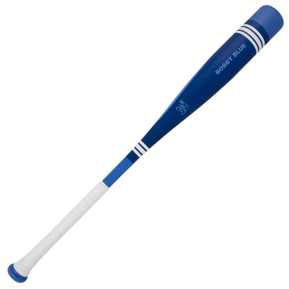 The 2025 Victus Vibe Pro-Crayon Bobby Witt Jr (-8) USSSA bat features a blue one-piece aluminum design with white stripes, "BOBBY BLUE" text, a white grip, and a vibration-reducing knob for comfort.
