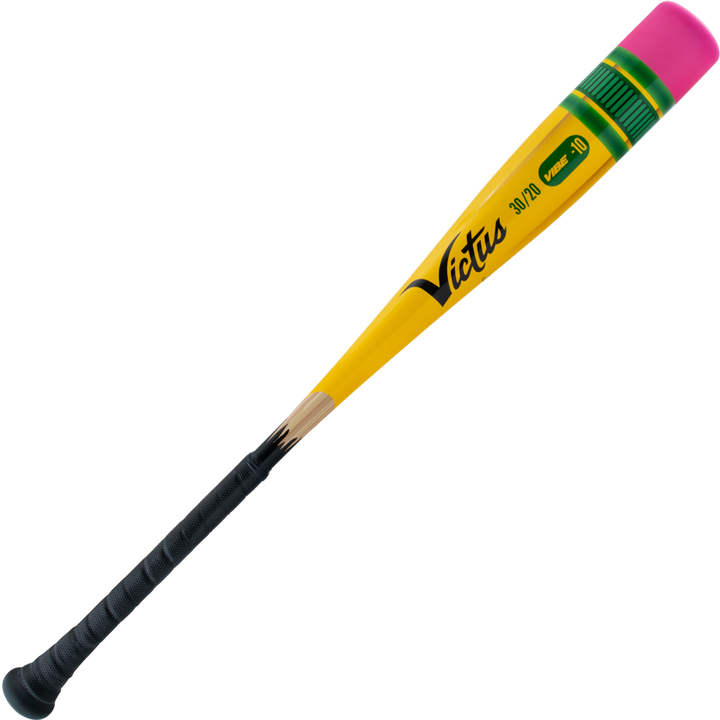 The 2025 Victus Vibe Pencil (-10) USA Baseball Bat by Victus is a yellow, one-piece aluminum bat styled like a pencil with a black grip (eraser end), pink eraser on top, and "Victus" printed on the side.
