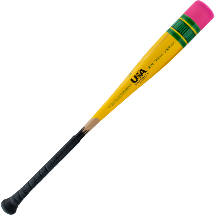 The 2025 Victus Vibe Pencil (-10) 2 5/8" USA Baseball Bat by Victus features a yellow and green one-piece aluminum design engineered for peak performance.