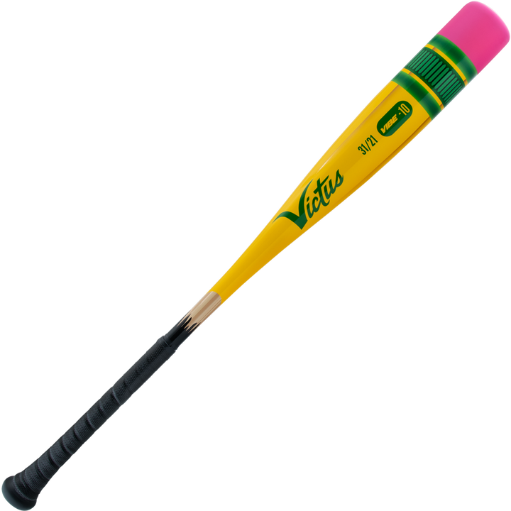 The 2025 Victus Vibe Pencil (-10) USSSA bat features a yellow one-piece aluminum design with a black grip, green barrel stripes, pink end cap, green brand/model details, and is made from performance alloy.