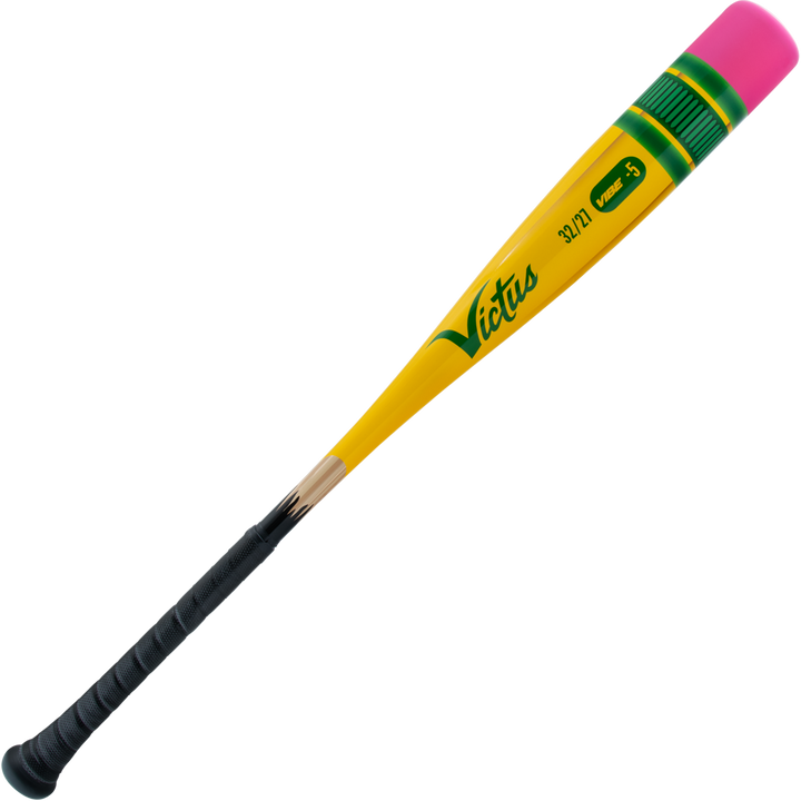 The 2025 Victus Vibe Pencil (-5) 2 3/4" USSSA Baseball Bat (DEMO) by Victus is a yellow and green one-piece aluminum bat crafted with an extreme performance alloy for powerful hits.