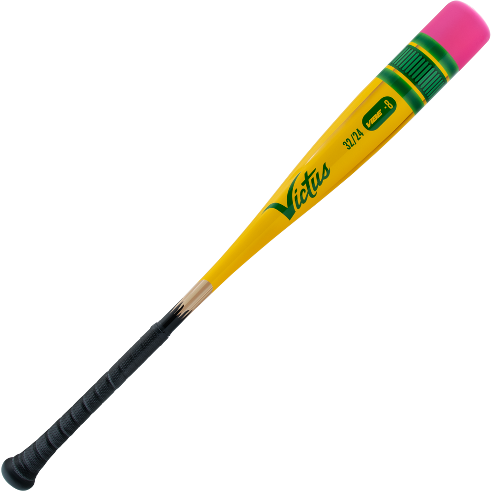 The 2025 Victus Vibe Pencil (-8) USSSA bat is a one-piece aluminum bat styled like a yellow pencil, featuring a pink eraser top, green stripe, black grip handle, Victus logo on the barrel, and a vibration-reducing knob for comfort.