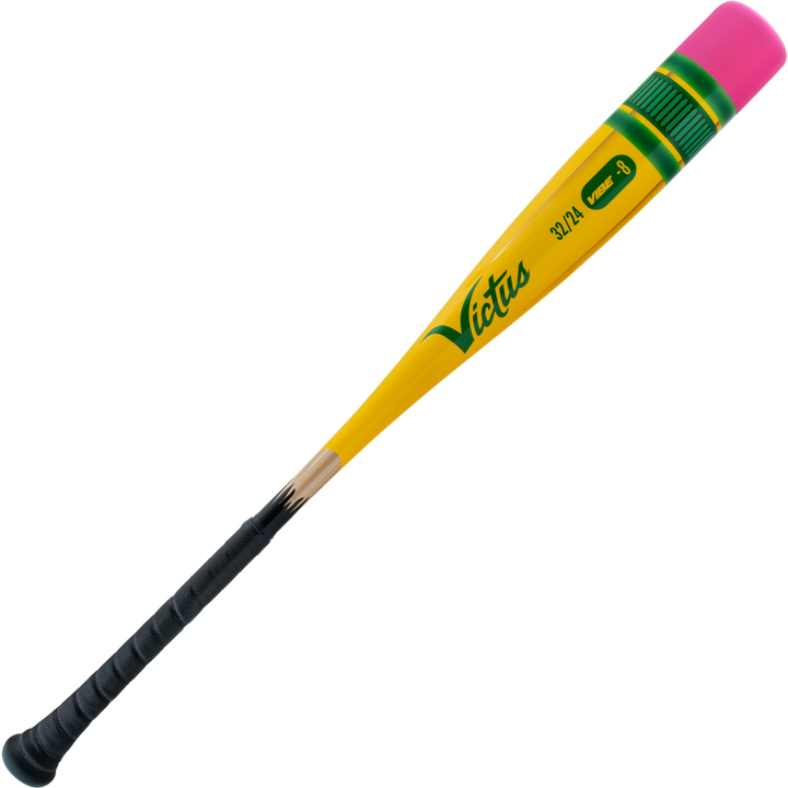 The 2025 Victus Vibe Pencil (-8) USSSA bat is a one-piece aluminum bat styled like a yellow pencil, featuring a pink eraser top, green stripe, black grip handle, Victus logo on the barrel, and a vibration-reducing knob for comfort.