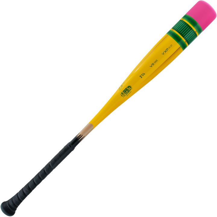 The 2025 Victus Vibe Pencil (-8) USSSA Baseball Bat by Victus is a yellow and green, one-piece aluminum bat with a mid-balanced design for comfortable swings.