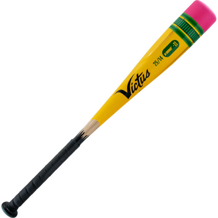 The 2025 Victus Vibe Pencil (-11) USA Tee Ball Bat features a one-piece aluminum build styled like a yellow pencil with a pink eraser, green band, and black grip. “Victus” and “Vandal 30” are printed on this unique bat.
