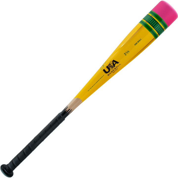 The 2025 Victus Vibe Pencil (-11) Tee Ball Bat by Victus features a one-piece aluminum build styled like a yellow pencil, complete with a pink eraser cap, green/gold bands, sharpened tip, black grip handle, and vibration-reducing knob.