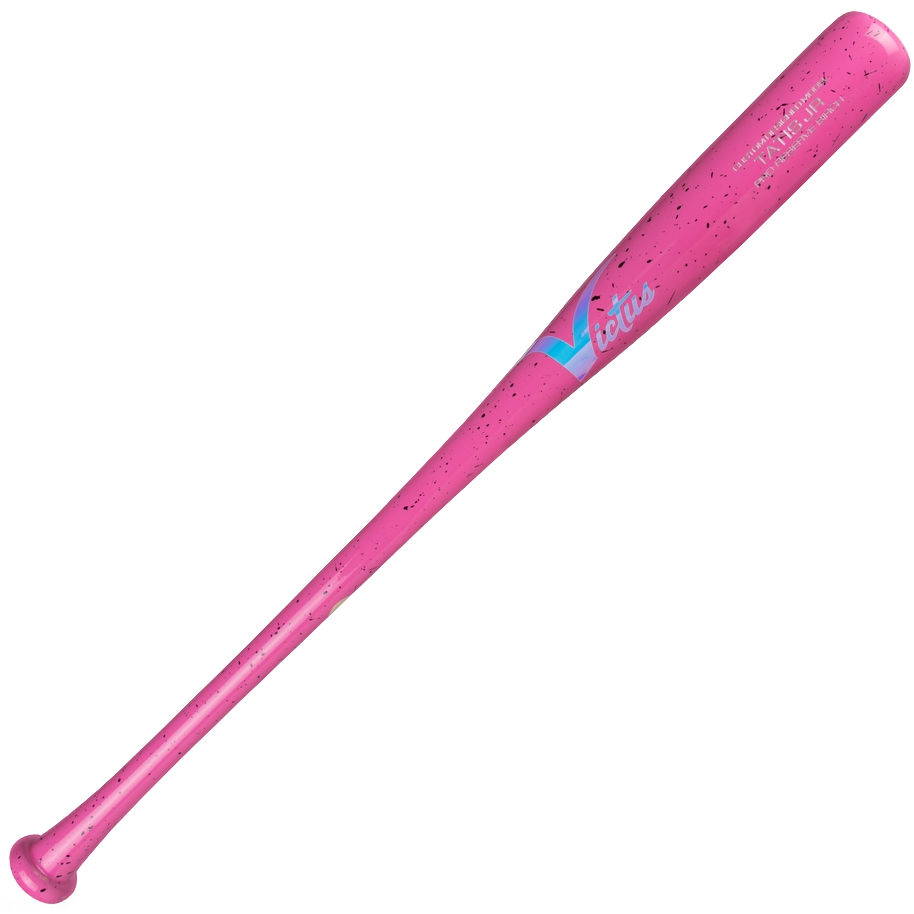 The Victus TATIS JR Youth Pro Reserve Birch Bat (VYRWBTATISJR) is a pink bat with black speckles, blue and white Vibes text and logo near the barrel, offering a balanced feel that's ideal for young players.