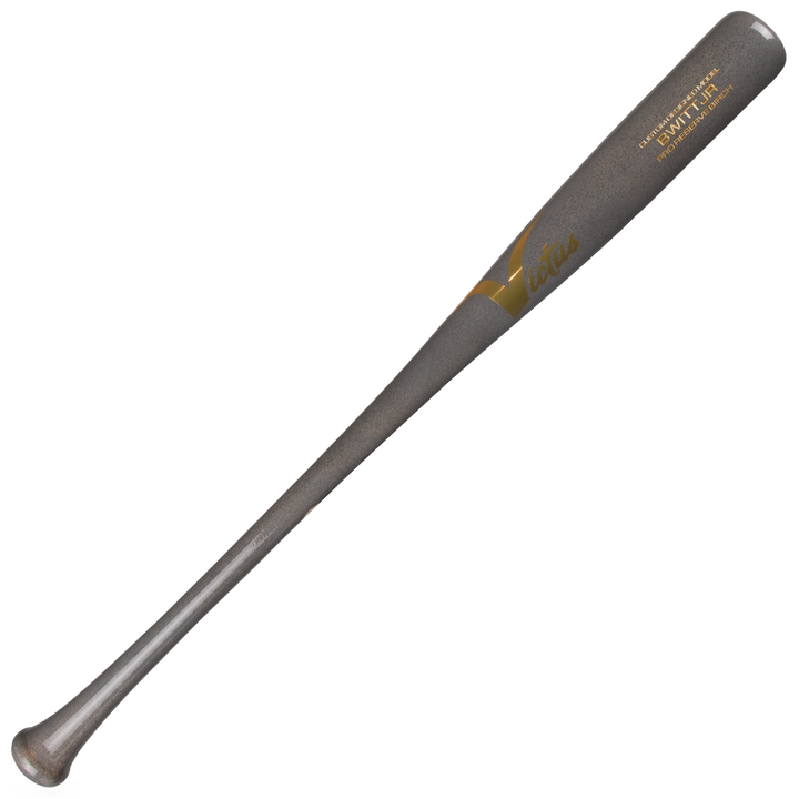 The Victus BWITT JR Youth Pro Reserve Birch Wood Bat (VYRWBWJR) by Victus features a dark gray finish, slightly flared knob, gold text and logo near the barrel, and an end-loaded design. Shown on a plain white background.