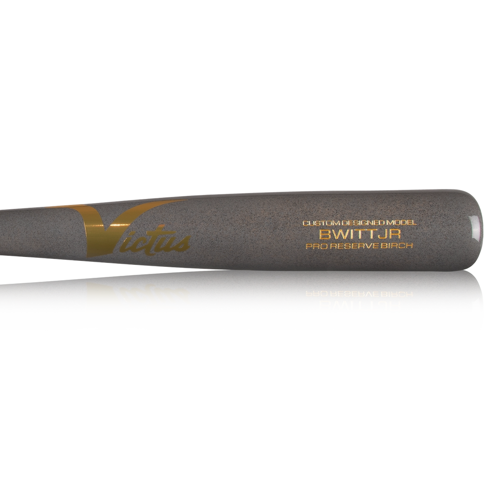 A close-up of the Victus BWITT JR Youth Pro Reserve Birch Wood Bat by Victus, showing gold text on gray birch against a white background.