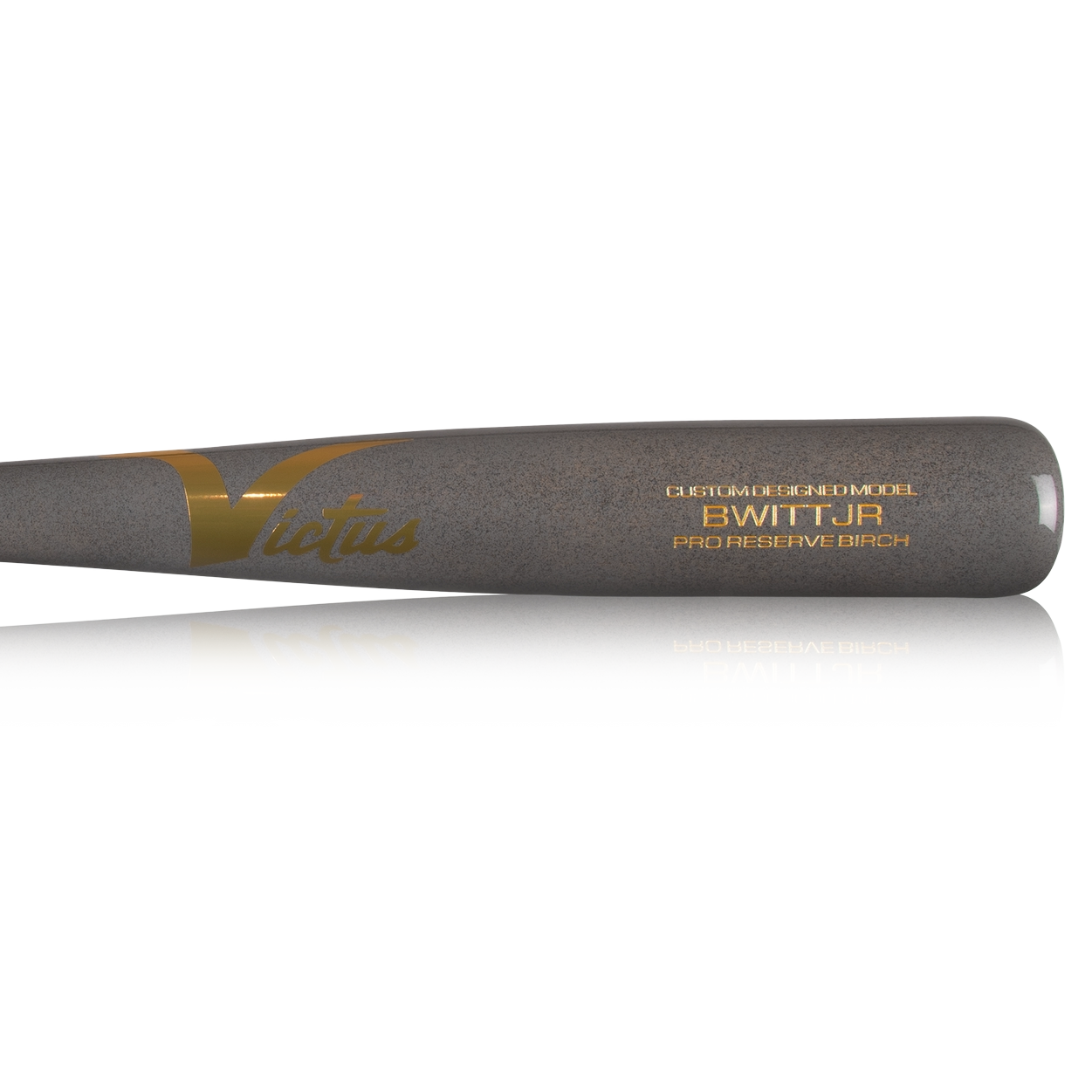 A close-up of the Victus BWITT JR Youth Pro Reserve Birch Wood Bat by Victus, showing gold text on gray birch against a white background.