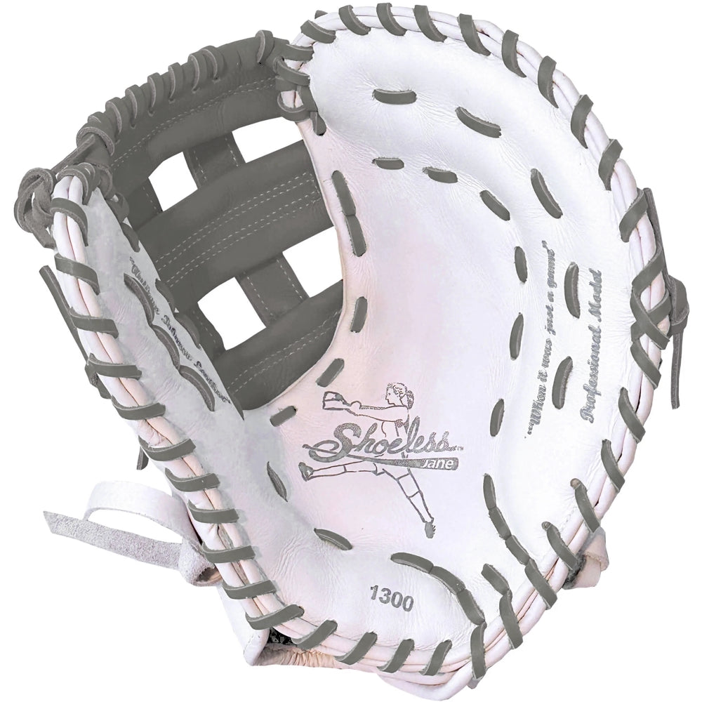The Shoeless Joe Double Play 13" Fastpitch First Base Mitt (W-GY-1300FPFB) is a white and gray women's glove made from premium steer hide leather with gray laces and the Shoeless Joe logo on the palm—ideal for players seeking quality.