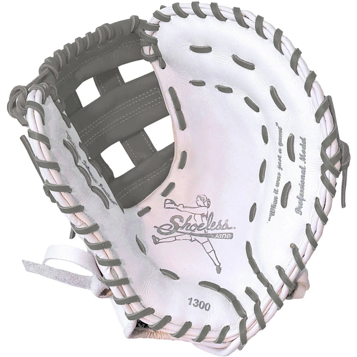 The Shoeless Joe Double Play 13" Fastpitch First Base Mitt (W-GY-1300FPFB) is a white and gray women's glove made from premium steer hide leather with gray laces and the Shoeless Joe logo on the palm—ideal for players seeking quality.