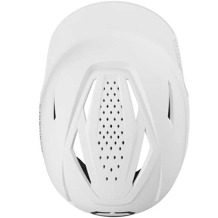 Top view of the EvoShield XVT 2.0 Matte Batting Helmet (WB572560) by EvoShield, featuring a visor, multiple ventilation slots, and distinctive diamond-shaped center vents.