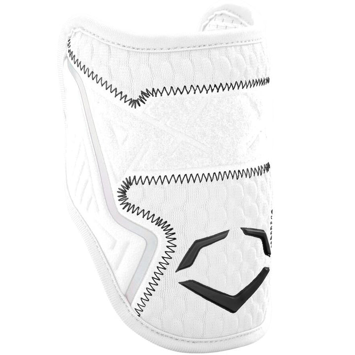 The EvoShield PRO-SRZ 2.0 Batter's Elbow Guard by EvoShield features a white padded design with black zigzag stitching, a black geometric logo, quilted texture, and advanced Gel-to-Shell Technology for enhanced protection.