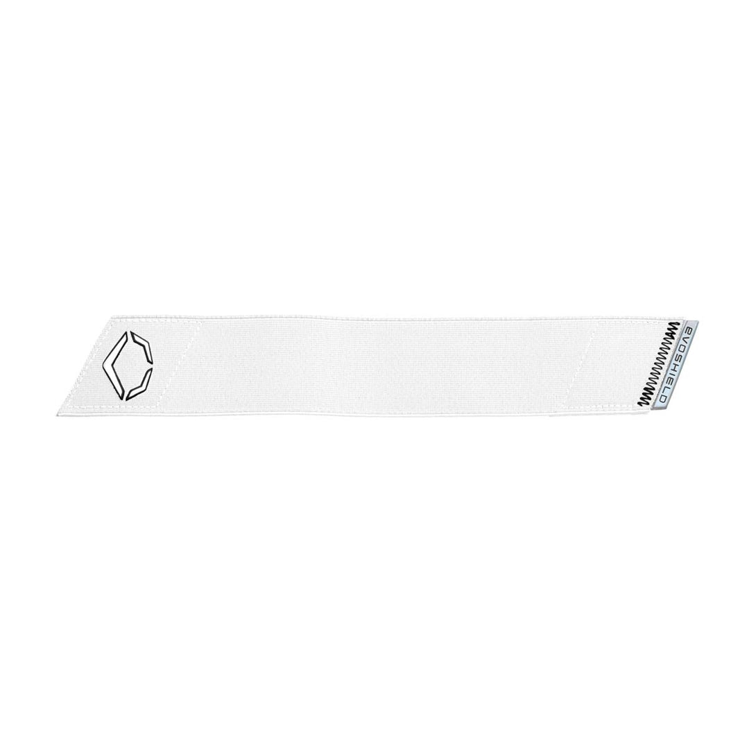 The EvoShield PRO-SRZ 2.0 Batter's Elbow Guard by EvoShield is shown flat on a white background, featuring a black outlined logo on one end and a rectangular Gel-to-Shell Technology patch with barcode on the other.