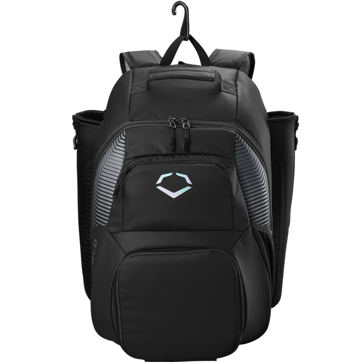 The EvoShield Tone Set Backpack: WB57304 by EvoShield is water resistant, with multiple zippered compartments, two side pockets, a front geometric logo, top handle, padded shoulder straps, and hanging hook—ideal for daily use or baseball gear.