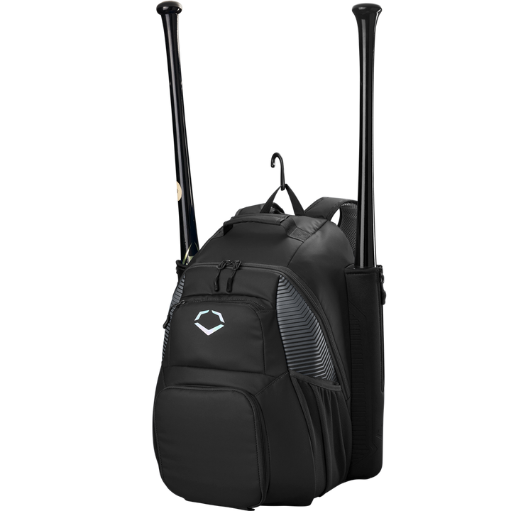 The EvoShield Tone Set Backpack (WB57304) is a black, water-resistant baseball gear bag by EvoShield with side bat sleeves for two bats, a white front logo, and a top hook for hanging.