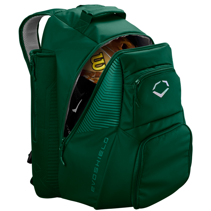 The EvoShield Tone Set Backpack: WB57304 by EvoShield is a green, water-resistant backpack with a white logo and bat sleeves for easy carrying—ideal for use as a baseball gear bag.