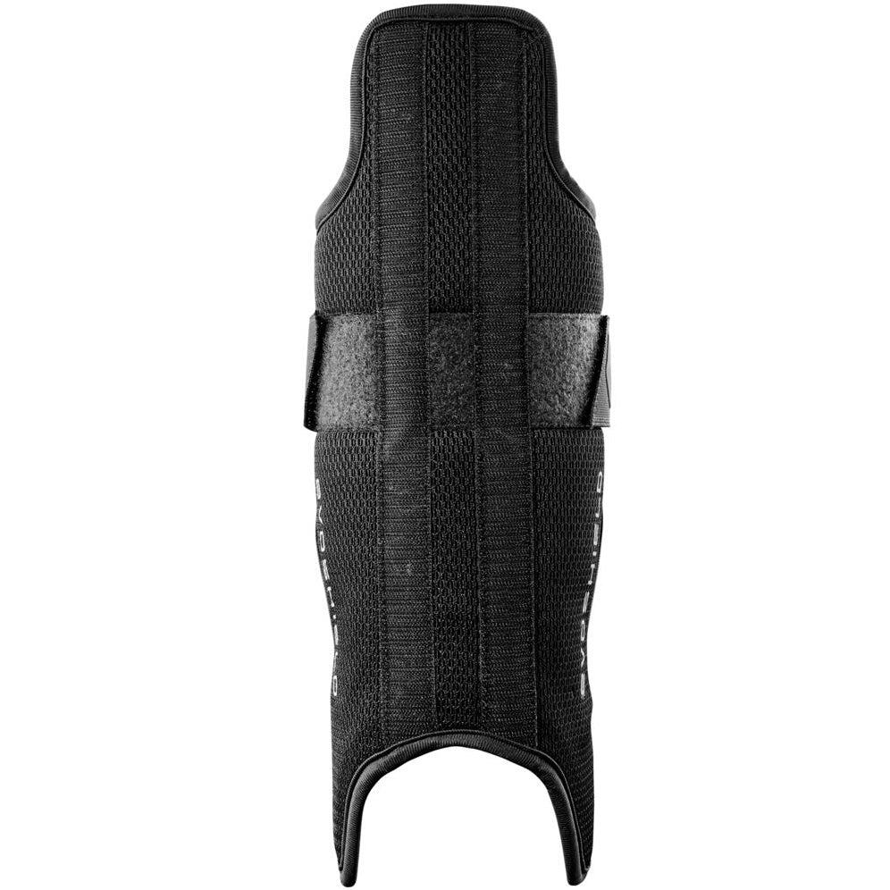 Much like protective elements in the EvoShield G2S Baseball Catcher's Gear Kit by EvoShield, this black fabric horse tendon boot has reinforced stitching, a contoured fit, and two velcro straps to secure it around the leg.