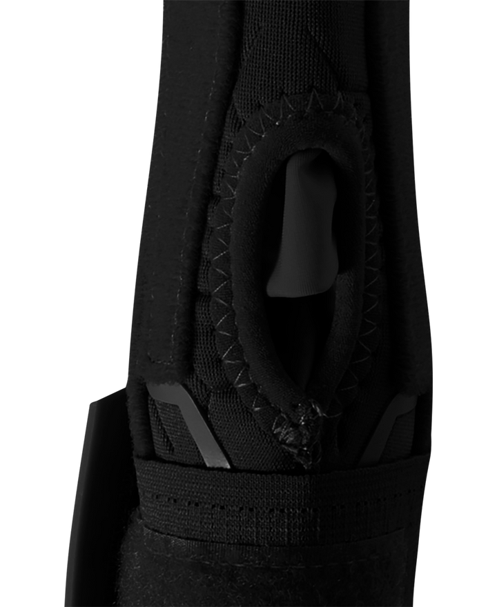 A close-up of the EvoShield Sliding Mitt 2.0 (WB57537) by EvoShield, featuring a black fabric design, keyhole-shaped opening, and detailed stitching for enhanced wrist and thumb protection during slides.