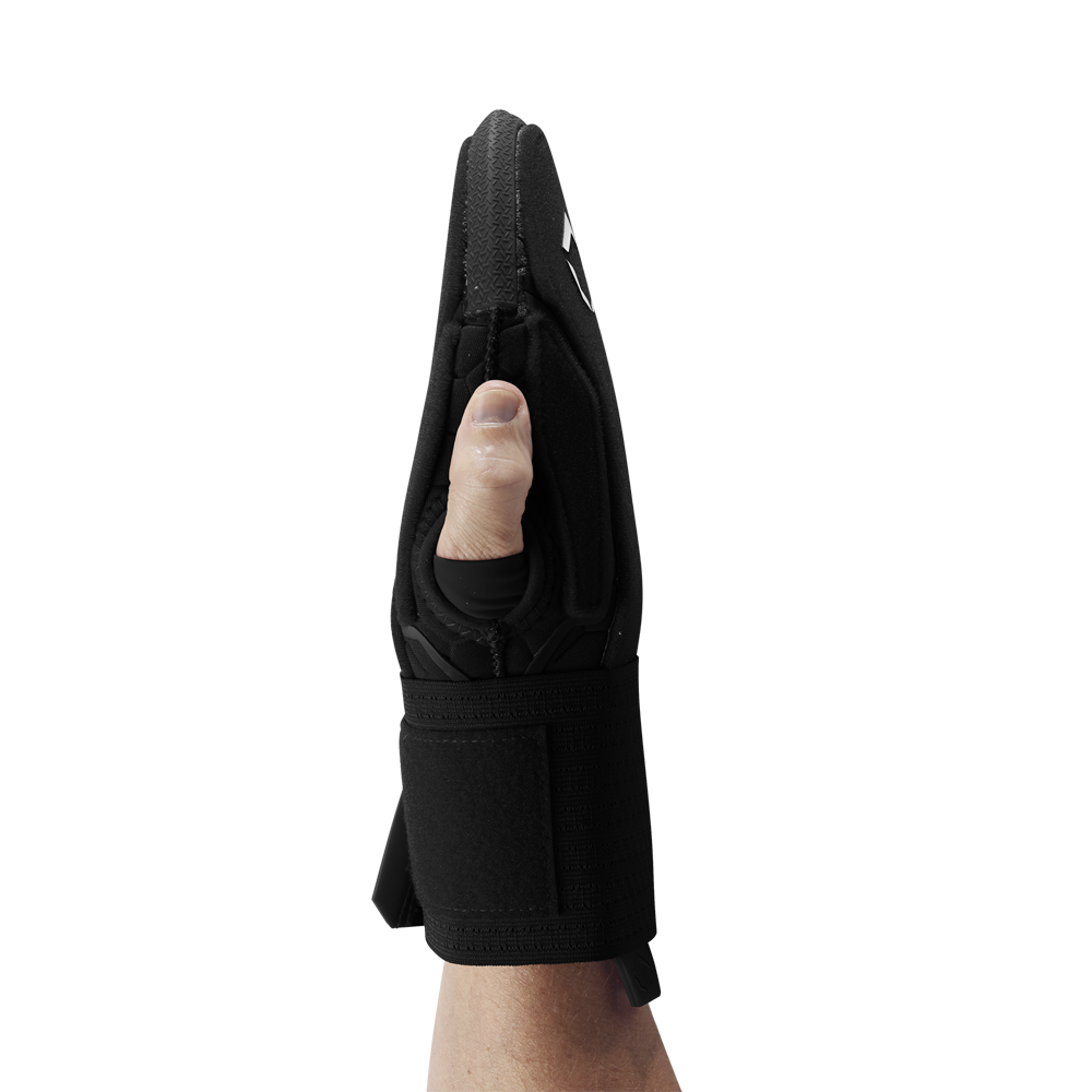 A personโs hand is shown from the side wearing the EvoShield Sliding Mitt 2.0: WB57537 by EvoShield, with straight fingers and visible thumb. The black padded mitt features a wrist strap for protection, covering the hand up to the wrist.