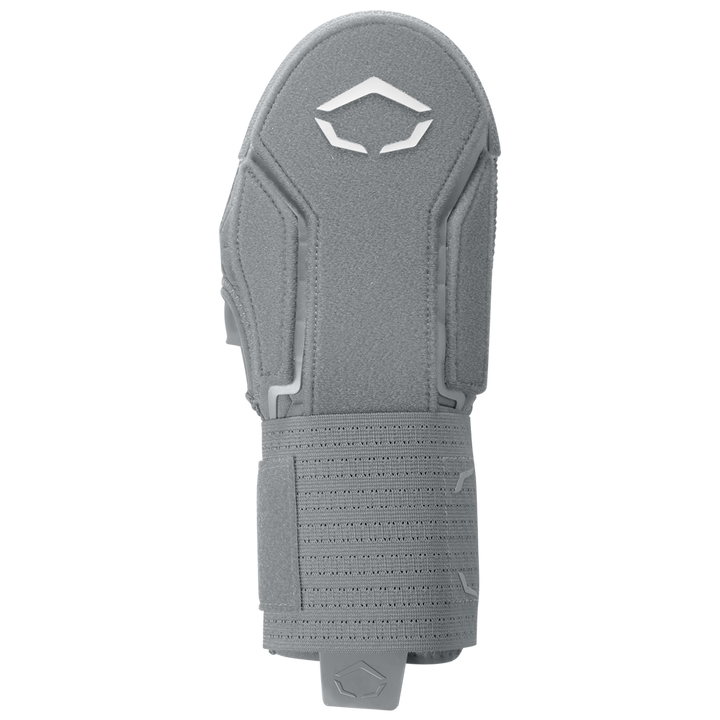 The EvoShield Sliding Mitt 2.0 (WB57537) by EvoShield is a single gray mitt featuring a textured surface, reinforced hand padding, and an adjustable wrist strap, shown from above on a white background.