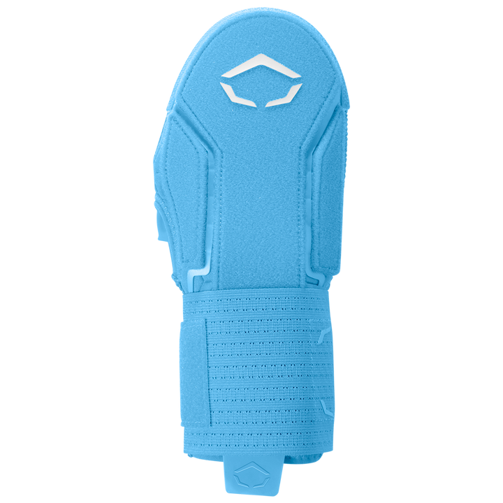 The EvoShield Sliding Mitt 2.0 (WB57537) by EvoShield features a bright blue color, textured surface, reinforced padding, adjustable wrist strap for a secure fit, and a white geometric logo on top for style and protection.