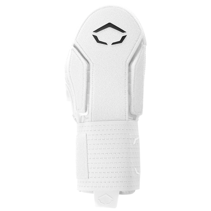 The EvoShield Sliding Mitt 2.0 (WB57537) by EvoShield features a white, textured surface, black geometric logo, and adjustable Velcro strap for secure hand protection, shown from above on a plain light background.