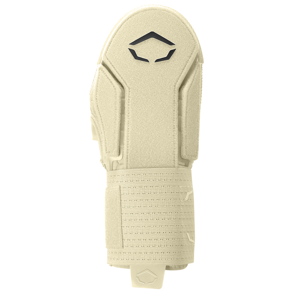 The EvoShield Sliding Mitt 2.0 (WB57537) by EvoShield is a beige sports wrist guard with a textured surface, wide adjustable strap, and black angular logoโideal for baseball sliding mitt use. Shown vertically on a plain light background.