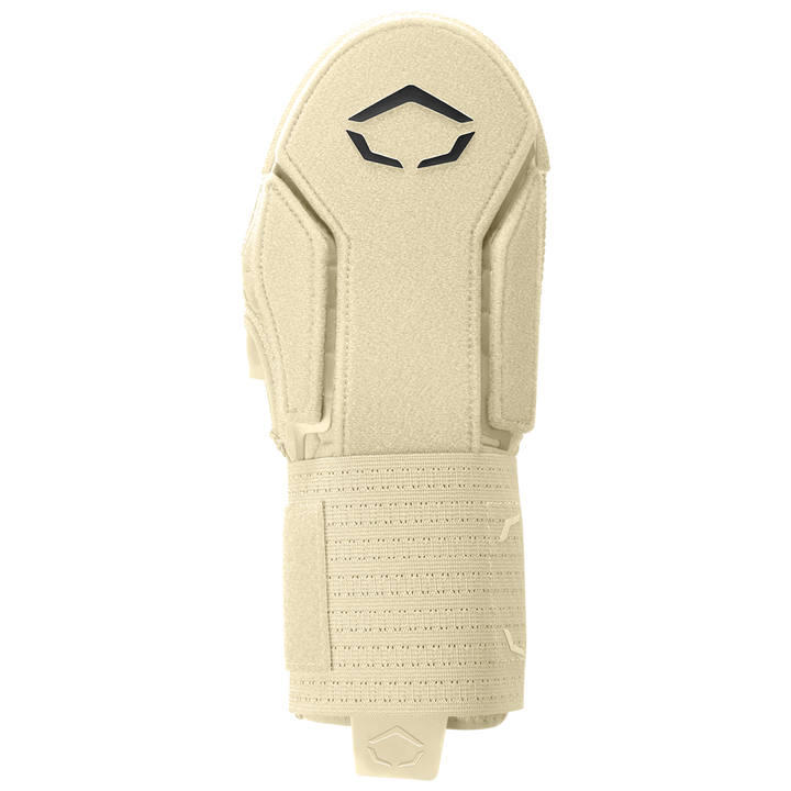 The EvoShield Sliding Mitt 2.0 (WB57537) by EvoShield is a beige sports wrist guard with a textured surface, wide adjustable strap, and black angular logoโideal for baseball sliding mitt use. Shown vertically on a plain light background.