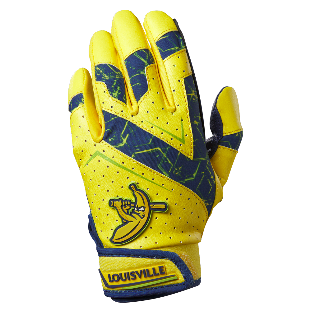 The Louisville Slugger Savannah Bananas Youth Genuine V2 Batting Glove (WB57615) features yellow and blue colors, a banana logo gripping a bat, blue zigzag accents, and "Louisville" on the wrist strap—perfect for young fans.