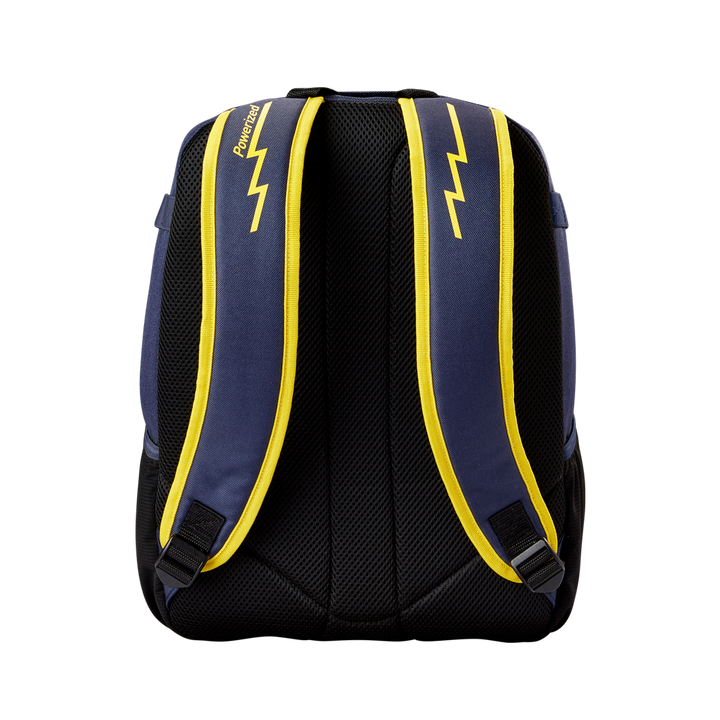 The Louisville Slugger Savannah Bananas Powerized Stick Pack Backpack (WB57636) is a navy blue youth baseball bag with padded shoulder straps, yellow trim, and a lightning bolt design. The straps feature yellow "Pokémon" text.
