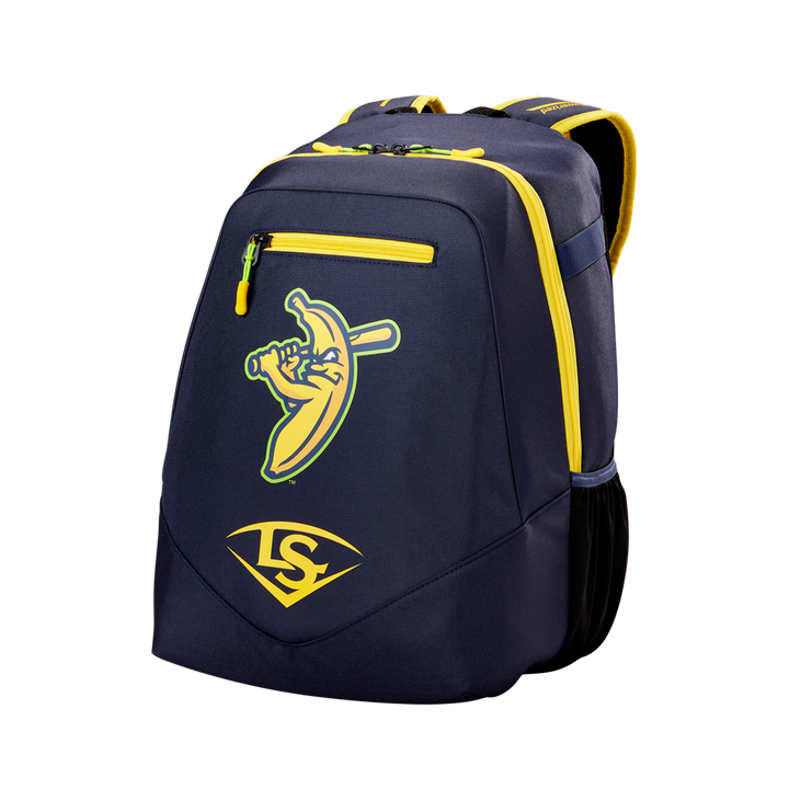 The Louisville Slugger Savannah Bananas Powerized Stick Pack Backpack (WB57636) is a navy blue youth bag with yellow accents, a cartoon banana swinging a bat, LS logo on the pocket, top handle, and side mesh pocket.