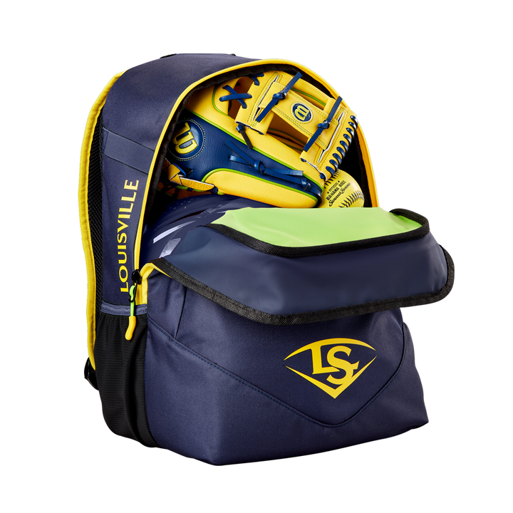 A navy and yellow Louisville Slugger Savannah Bananas Powerized Stick Pack Backpack (WB57636) is unzipped, showing a baseball glove and lime green item inside. The front pocket features the LS logo in yellow.