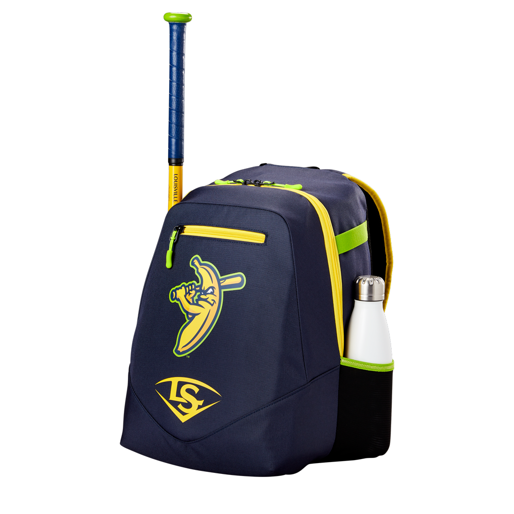 The Louisville Slugger Savannah Bananas Powerized Stick Pack Backpack (WB57636) features a navy blue and yellow design with a cartoon banana logo, shown holding a bat in the back slot and a water bottle in the side pocket against a white background.