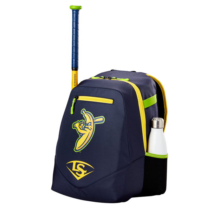 The Louisville Slugger Savannah Bananas Powerized Stick Pack Backpack (WB57636) features a navy blue and yellow design with a cartoon banana logo, shown holding a bat in the back slot and a water bottle in the side pocket against a white background.