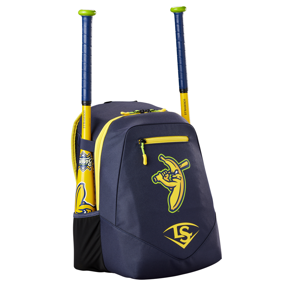 The Louisville Slugger Savannah Bananas Powerized Stick Pack Backpack (WB57636) features navy blue and yellow colors, a cartoon banana swinging a bat on the front, two side bat pockets, yellow zipper, and LS logo at the bottom.