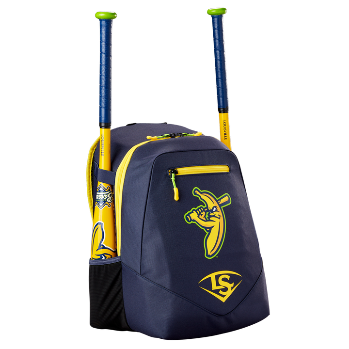 The Louisville Slugger Savannah Bananas Powerized Stick Pack Backpack (WB57636) features navy blue and yellow colors, a cartoon banana swinging a bat on the front, two side bat pockets, yellow zipper, and LS logo at the bottom.