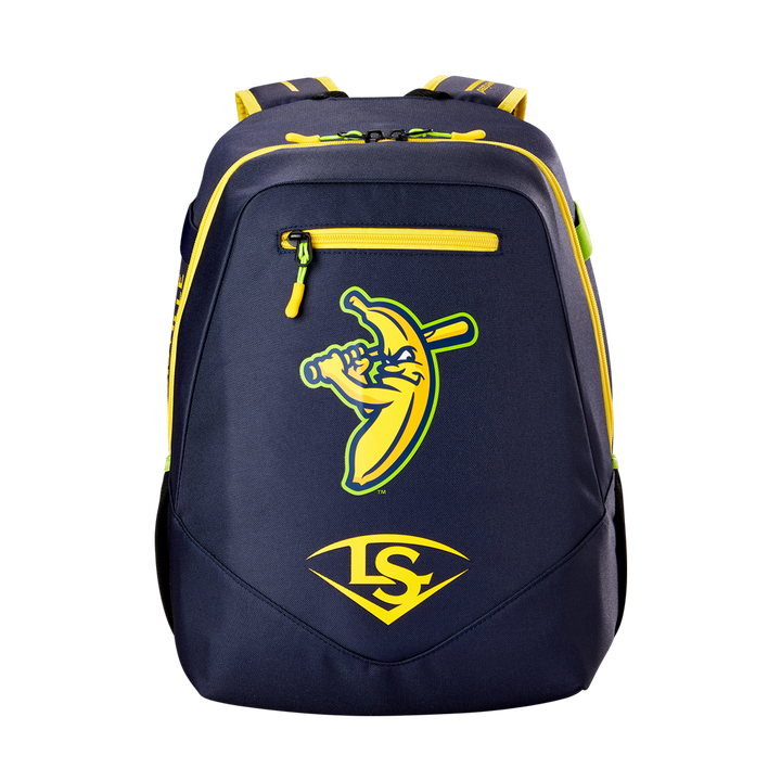 The Louisville Slugger Savannah Bananas Powerized Stick Pack Backpack (WB57636) is a navy youth bag with yellow accents, featuring a cartoon banana swinging a bat and LS inside a yellow diamond on the front pocket.