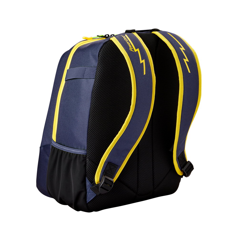 The Louisville Slugger Savannah Bananas Powerized Stick Pack Backpack (WB57636) features a navy blue design with yellow accents, mesh back panel, side pockets, and shoulder straps with yellow lightning bolts. Shown from the back on a white background.